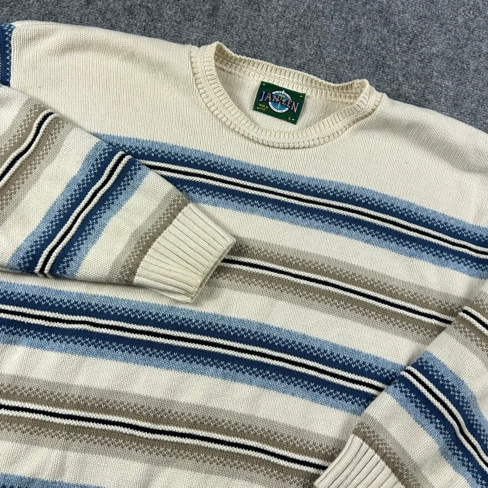 Jantzen Sweater Mens Large Grandpacore Striped Crewneck Knit Made in USA Vintage